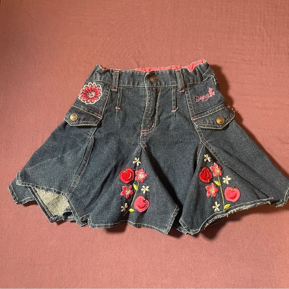 Disney Denim Skirt Flower/Apple - Girls Size 6X Adjustable Waist Band Belt Loops